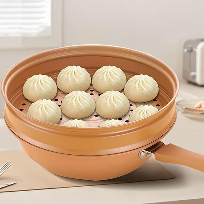 awakentti Light weight Cast Iron Wok, Iron Wok With Lid, Nonstick Wok, Steaming And Cooking All In 1 Frying Wok Flat Bottom for Induction, Electric, Gas, Halogen, All Stoves