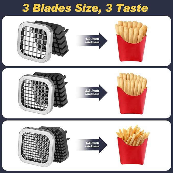 3Pcs French Fry Cutter, Ruooson Professional Potato Cutter Slicer with 1/2 In & 3/8 In & 1/4 In Stainless Steel Blades, Great for Whole Potatoes Carrots Cucumbers.