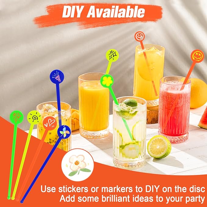 200Pcs Cocktail Swizzle Sticks, 7 Inches Disposible Plastic Drink Stirrers with Disc Top Colorful Drinks Bar Mixing Rod for Coffee Milk Cocktail Whiskey Beverage (Colorful)