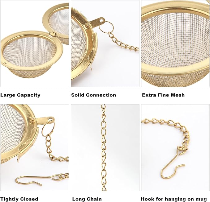 Luckyiren Tea Ball Infuser with Chain;; Premium Stainless Steel Fine Mesh Screen Tea Strainer Filters Colander Cullender Sieve Infusion Steeper Maker for Loose Leaf Tea Herbs, 2 Pieces, Golden