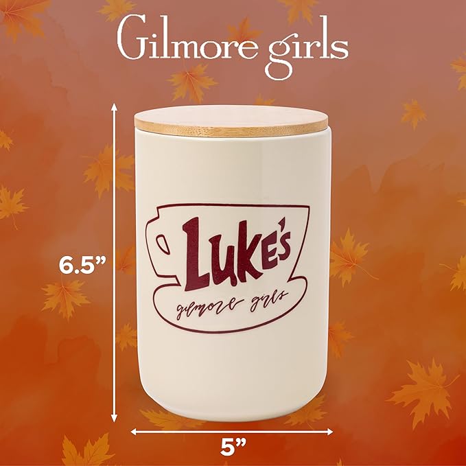 Silver Buffalo Gilmore Girls Wax Resist Ceramic Cookie Jar with Bamboo Lid Featuring Luke’s Cafe Logo, 5” x 5” x 6.5”