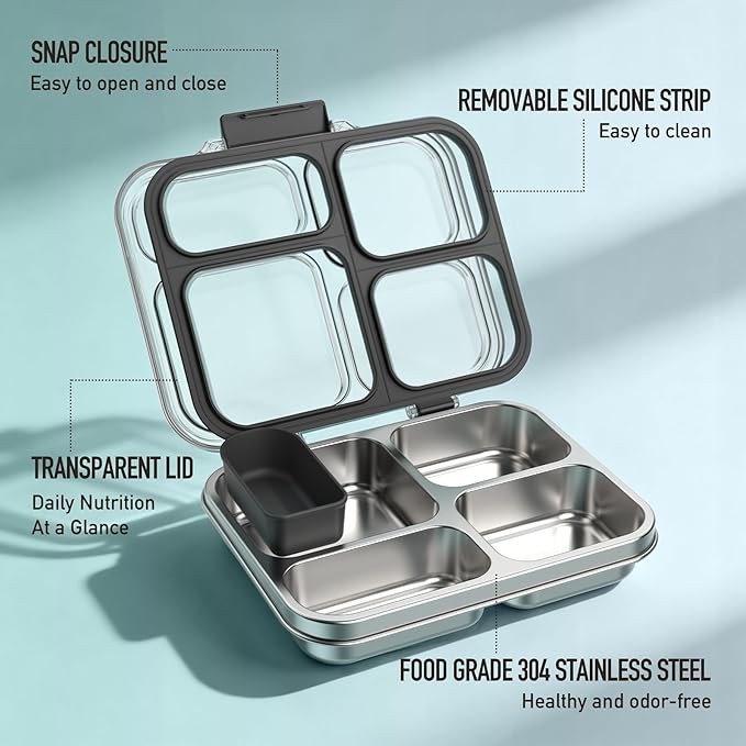 Stainless Steel Bento Box for Kids with Silicone Container, 4 Compartment Metal Lunch Box Kids Adults, Removable Silicone Seal & Clear Lid, Leak Proof Food Storage Container for MealBlack
