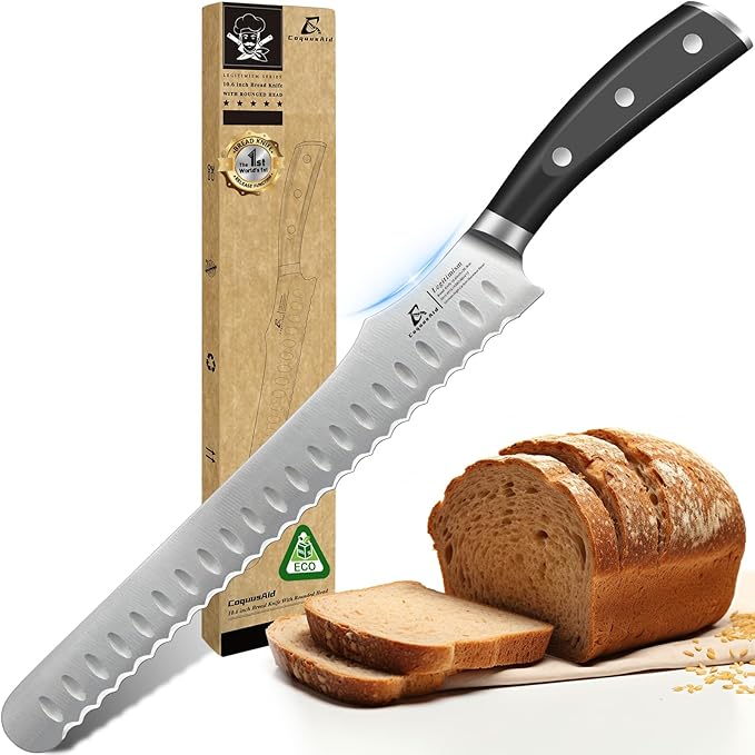 CoquusAid Bread Knife for Homemade Bread, 10.6 Inch Multifunction Serrated Knife, Razor Sharp Slicer, High Carbon German Steel Bread Cutter, Ergonomic Handle Design for Sourdough Turkey Fruit Cutting
