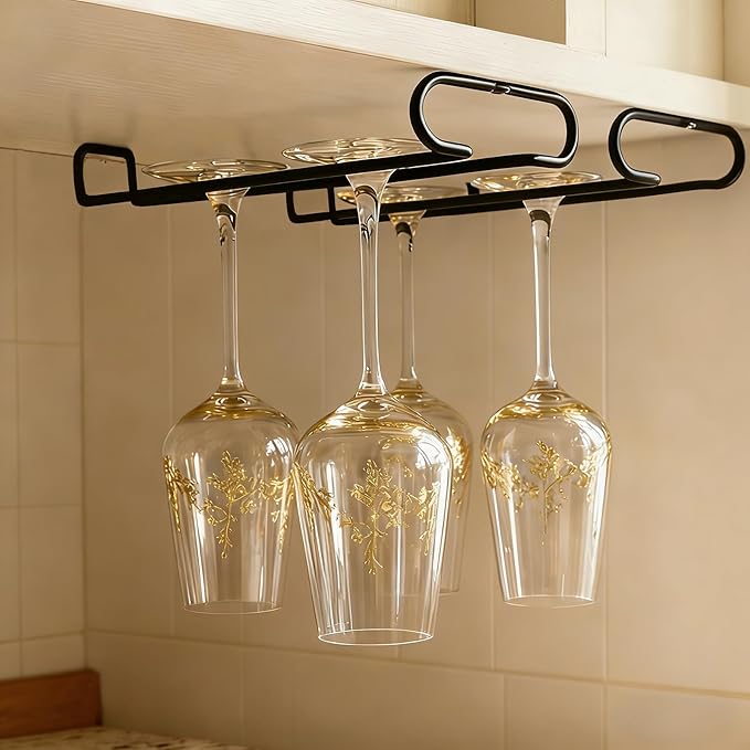 GeLive 10 Inch Under Cabinet Wine Glass Rack Stemware Holder Glass Storage Hanger Organizer for Kitchen and Bar Set of 2 (Black)