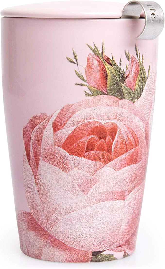 Tea Forte Double-Walled Ceramic Kati Cup, Removable Stainless Steel Infuser Basket and Lid, Steeps 12 oz Loose Leaf Tea, Dishwasher & Microwave Safe, Gifts for Mom, Jardin