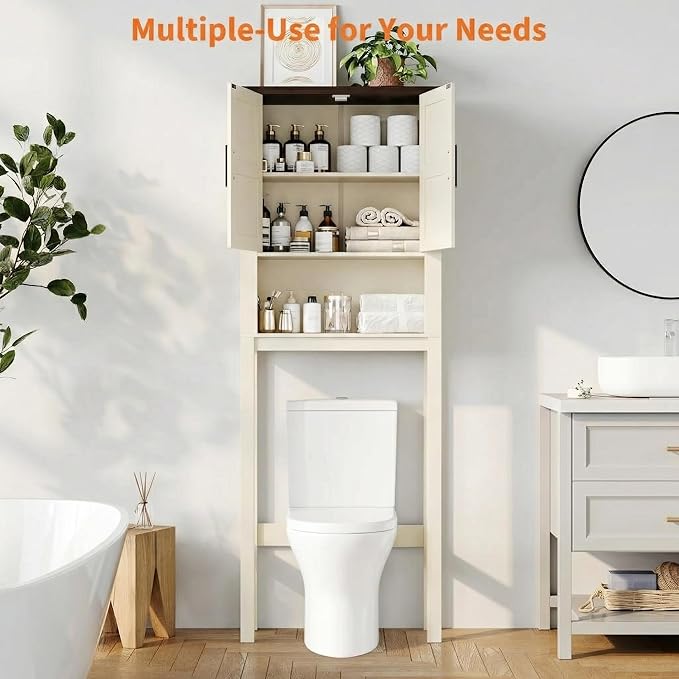 IDEALHOUSE 23.6 Inches Wide Toilet Rack with Over The Toilet Storage Cabinet, Bathroom Shelf Organizer with Anti-Tip Device, Small Freestanding Space Saver with Adjustable Shelf (Beige 23.6" W)