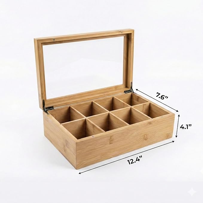 Acacia Wood and Bamboo Tea Bag Organizer - 4 & 8 Compartment Tea Box for Countertop - Tea Station & Coffee Bar Accessories - Fits Large & Craft Tea Bags (Bamboo, 8 Compartment)