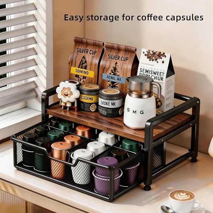 Tea Bag Organizer with 8-Compartment Mesh Drawer, Wood & Metal Holder Storage Chest for Countertop, Multi-Functional Coffee and Tea Station Box Caddy Display Rack for Kitchen Pantry, Rustic Brown