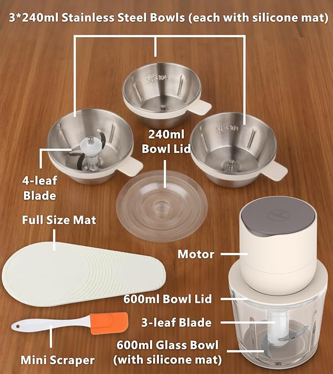 4-in-1 Small Food Processor Cordless Set with 600ml Glass Bowl, 3*240ml Stainless Steel Bowls & 3+4 Blades, USB-C Rechargeable Battery Mini Meat Vegetable Chopper, Electric Kitchen Blender, Mom's Gift