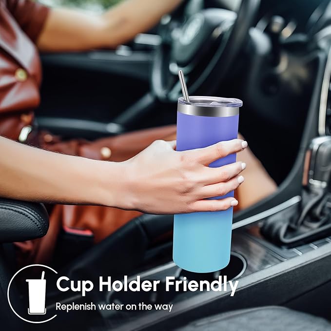 Volhoply 20 oz Skinny Tumbler with Lid and Straw, Stainless Steel Straight Tumblers Cup, Vacuum Insulated Coffee Mug for Home, Office, Travel, DIY (Purple Bule,1 Pack)