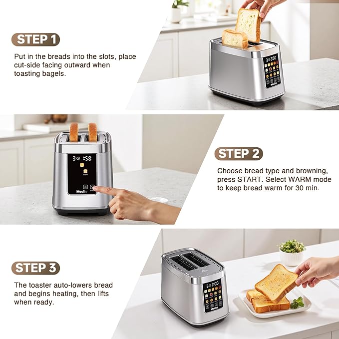 Mecity Motorized Toaster 2 Slice with Touch Screen, Stainless Steel Smart Toaster, 8 Bread Types, 5 Shade Levels, 1200W High Power, Keep Warm Mode, Reheat Defrost Functions, 120V