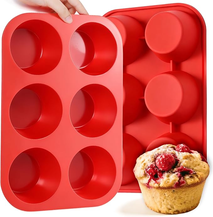 CAKETIME Silicone Jumbo Muffin Pan, 3.5 Inch Silicone Texas Muffin Pan 6 Cup Large Cupcake Pan Nonstick BPA Free Silicone Molds 2 Pack Red