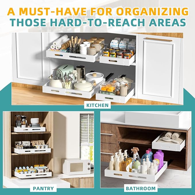 HBL' 2 Pack | 21" Deep Pull Out Cabinet Organizer Adhesive, (13.8" to 22.0") Width Expandable Sturdy Carbon Steel Roll-Out Drawers for Face Frame or Frameless Cabinets,Slide-Out Shelves for Pantry.