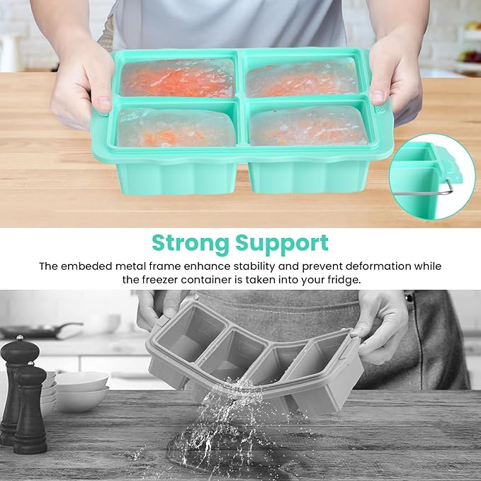 Silicone Freezer Tray With Lid, Silicone Freezing molds, Ice Cube Tray For Food, Release Soup Freezer Molds for freezing food, Soup, and Leftovers-Makes 4 Perfect 1 Cup- 3 Pack.