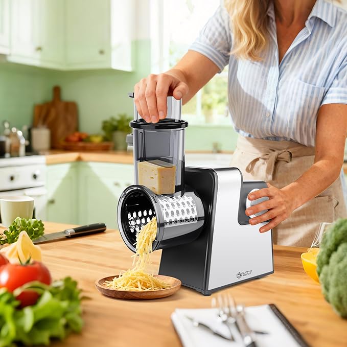 Electric Cheese Grater 7 in 1, Stainless Steel Salad Shooter, Electric Food Slicer Shredder Chopper with Rotary Switch, Automatic Grater for Block Cheese Vegetables Cucumber Carrots, 300W Salad Maker