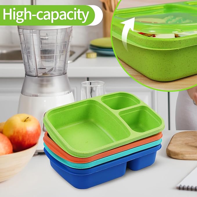 buluker 4 Pack Bento Lunch Box Set 3 Compartment Wheat Straw Meal Prep Food Storage Containers Plastic, Microwave and Dishwasher Safe（Jewel Brights）