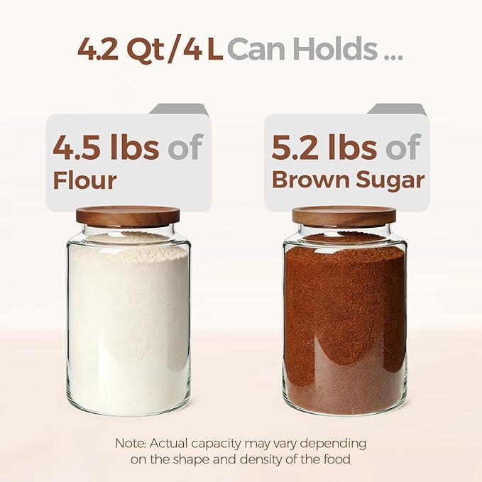 ComSaf 2Pcs (4.2Qt) Wide-Mouth Flour Sugar Storage Containers - Include Scoops & Labels, Easy to Scoop & Airtight, Large Glass Jar for Bakers to Store Bulk Flour, Rice, and Dry Goods in Kitchen Pantry