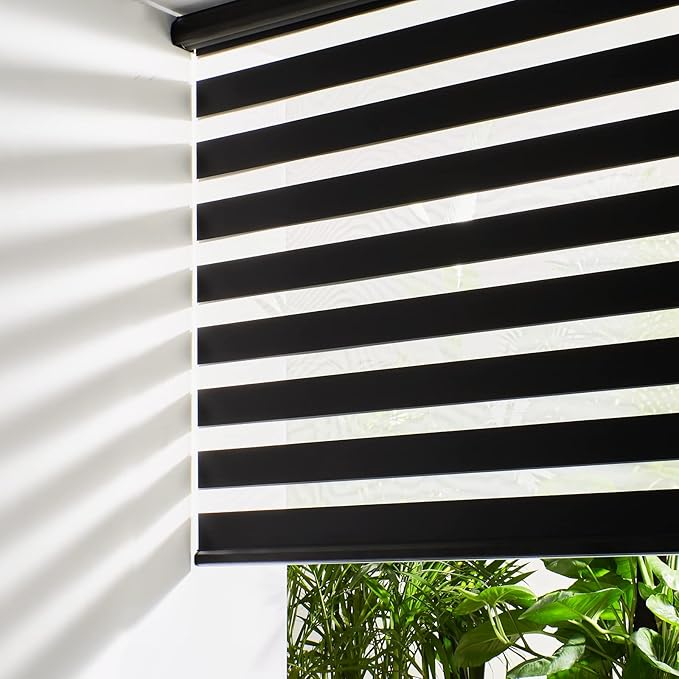 Persilux Cordless Zebra Blinds for Windows Free-Stop Roller Windows Shades (34" W X 47" H, Black) Dual Layer Light Control for Day and Night, Light Filtering Sheer Shades for Home, Easy to Install