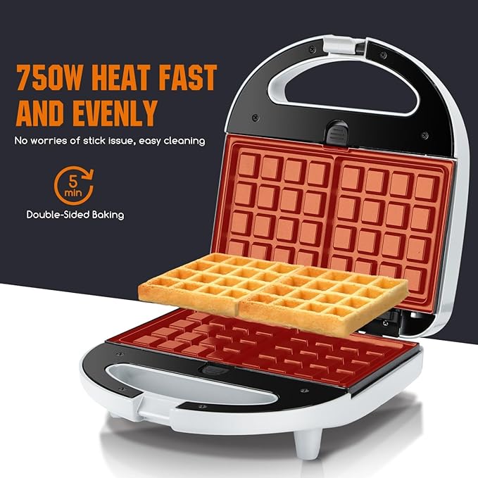 Aigostar Sandwich Maker Panini Press Grill, 3 in 1 Waffle Maker with Removable Non-stick Plates, Electric Grilled Cheese Maker, Portable Cool Touch Handle, Led Indicator Lights & Easy to Clean, 750W