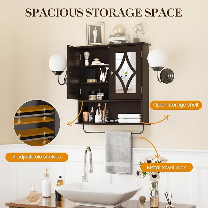RoyalCraft 22x25 Bathroom Medicine Cabinet with Mirror, Large Wood Wall Mounted Storage Cabinet with Shelves and Towel Bar, Over The Toilet Storage Cabinet for Bathroom, Laundry, Living Room, Brown