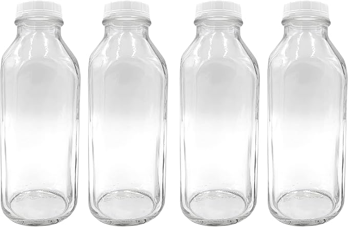The Dairy Shoppe Glass Milk Bottle, Heavy Glass with Extra Lid, Creamery Style (4, Liter)