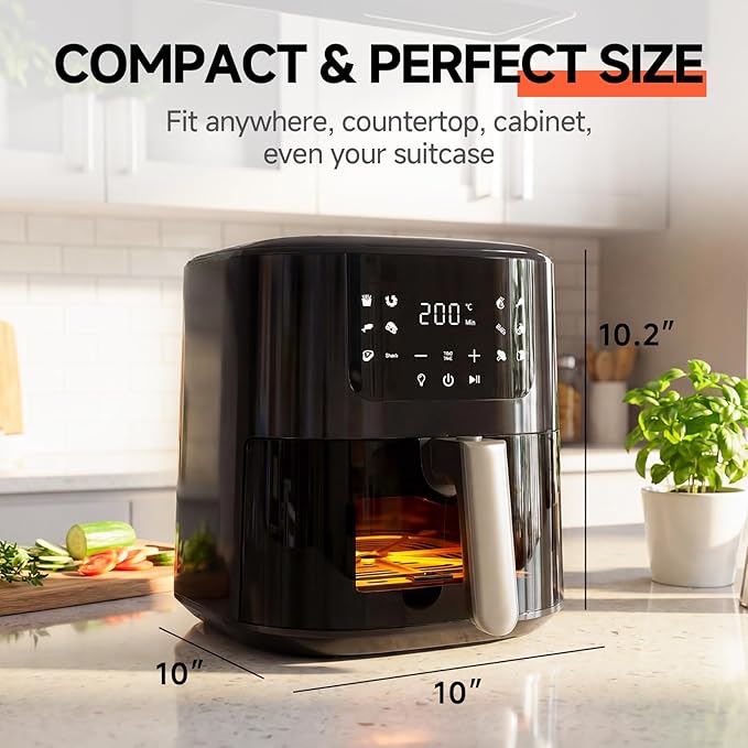QIDO Air Fryer – 5.5 QT Compact Airfryer for Quick Meals in Minutes, 180°- 450°F Precision Heating, Easy-View Window, Touchscreen Controls with Auto Menus, Nonstick & Dishwasher Safe Basket - Black