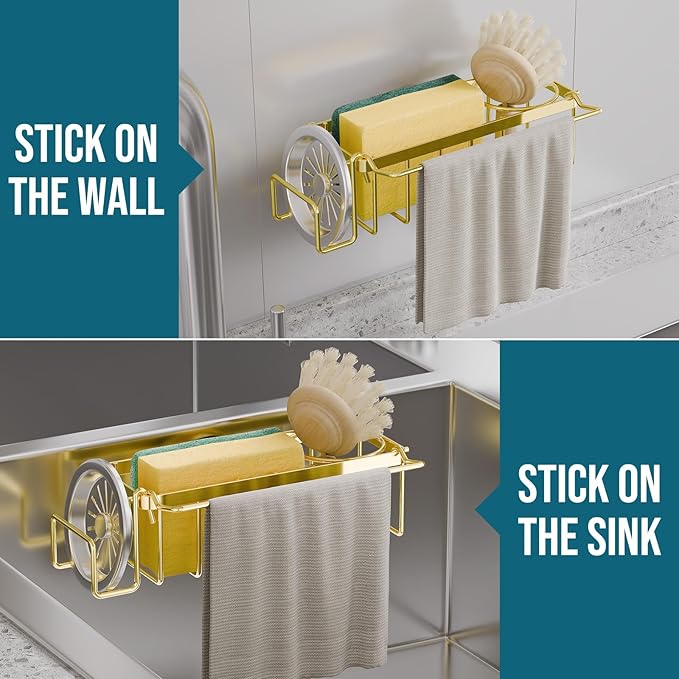 TAILI Sponge Holder with Strong Suction Cup, 4-in-1 Rustproof Sink Organizer - Sink Caddy Holds Sponges, Brushes, Stoppers & Scrapers -Gold