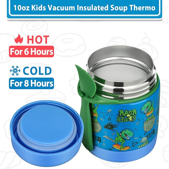 Howeemo 10oz Soup Thermo for Hot Food Kids,Lunch Thermo Kids Food Jar with Spoon Hot Insulated Food Containers,Leak Proof Stainless Steel Wide Mouth Lunch Food Thermo Jar for School(Blue-Dinosaur)