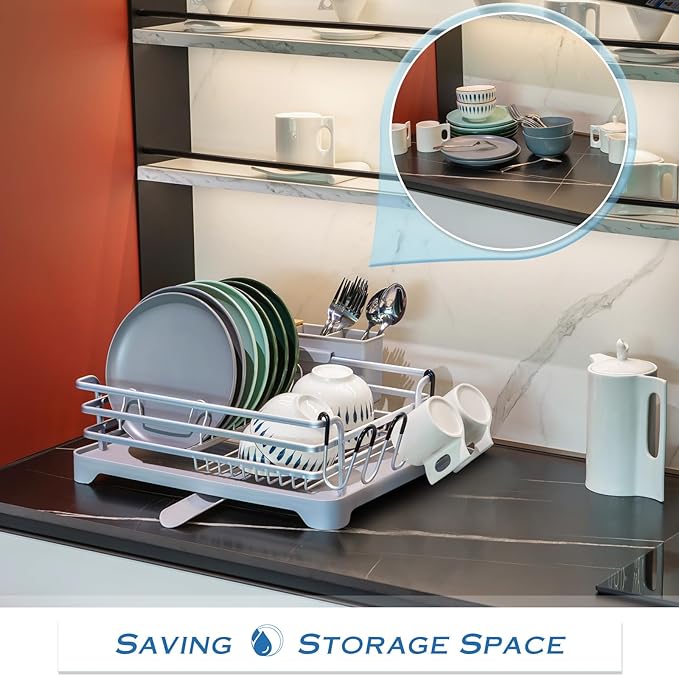 BRIAN & DANY Aluminum Dish Drying Rack, Dish Racks for Kitchen Counter, Dish Drainer with Removable Cutlery Holder & Cup Holder, 16.5" L x 11.8" W, Light Grey