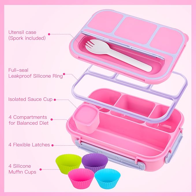 MaMix Bento Box Adult Lunch Box, Lunch Box Kids, Lunch Containers for Adults/Kids/Students,1300ML-4 Compartment Bento Box (purple)