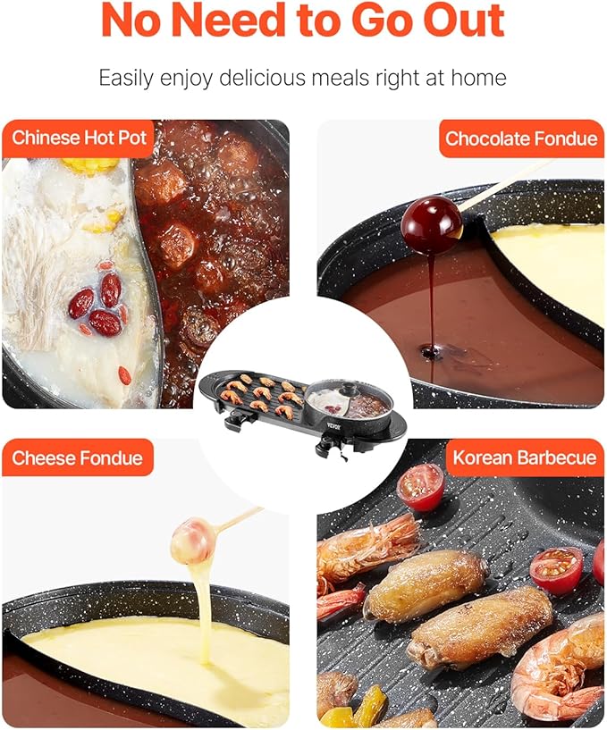 VEVOR Hot Pot with Grill, 2200W 2-in-1 Electric Smokeless Grill and Hot Pot, Korean BBQ Shabu Shabu Hotpot with Separate Dual Temperature Control, Non-stick Pan, for 1-6 People Family Dinning