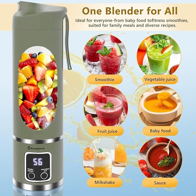 Portable 16oz Cordless Blender, USB Rechargeable Personal Smoothie Maker Cup, High Speed Compact Mixer for Ice, Fruit & Protein Shakes, Travel Friendly Bottle with Drinking Lid, Easy Clean