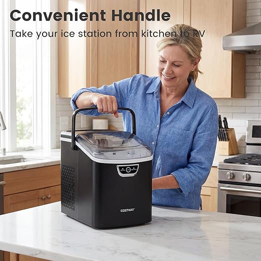 COSTWAY Nugget Ice Maker Countertop with Handle, 33 Lbs/24H Soft Chewable Ice, Ready in 6 Mins, Auto-Cleaning, Audible Ice Full Alarm, Portable Sonic Ice Machine for Home Kitchen Office, Black