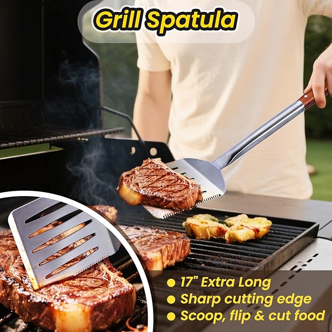 4PCS Grilling Accessories Rose Wooden BBQ Grilling Tools Set, Heavy Duty Stainless Steel Barbecue Grill Tools Kit with Spatula, Clips, Brushes, Forks for Outdoor Grill, BBQ Gift for Men and Women