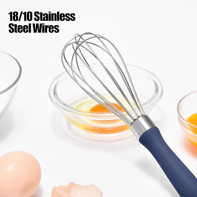 18/8 Stainless Steel Balloon Whisk, Doosu Kitchen Whisk for Cooking Handheld Egg Beater with Rust-Proof Sturdy Wires & Non-Slip Silicone Handle for Beating, Stirring, Blending (6 Wires, Navy Blue)