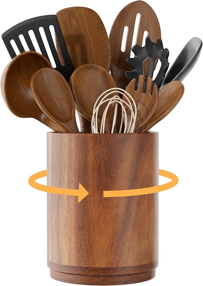 ZUJJAFY Utensil Holder, 360° Rotating Acacia Wood Kitchen Utensil Holder for Counter, 7.2" Large Cooking Utensil Crock for Countertop, Wooden Utensils Organizer for Cooking Spatula Storage