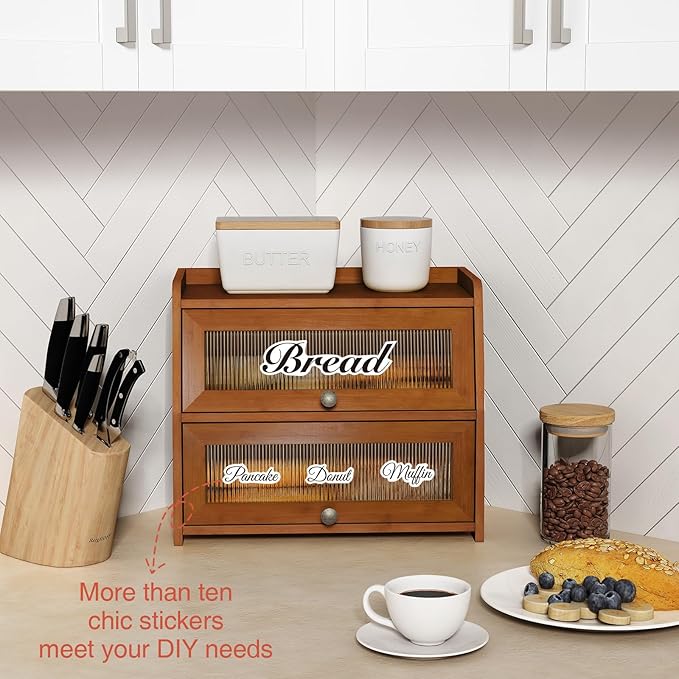 Goozii Wooden Bread Box for Kitchen Countertop, Dark Wood Bread Storage Container for Homemade Bread, 2 Tier Roll Top Breadbox Holder Keeper for Sourdough Loaf Storage (Walnut Brown)