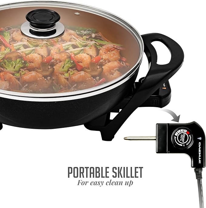 OVENTE Electric Wok with Nonstick Coating, 13 Inch Family-Sized Skillet, 1400W Power, Adjustable Temperature, Tempered Glass Lid, Cool Touch Handles and Easy to Clean Frying Surface, Copper SK3113CO