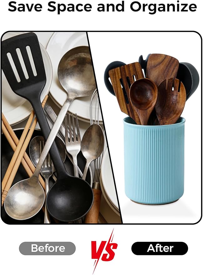LoeJan Utensil Holder, Extra Large Utensil Crock, Stable Ceramic Utensil Organizer, Cooking Tool Organizer Set for Kitchen Counter Farmhouse Décor, Turquoise