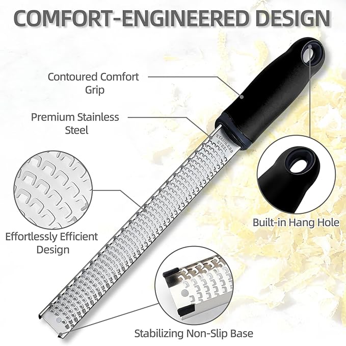 Koythin Zester, Lemon Zester & Cheese Grater with Brush, Heavy Duty Kitchen Tool for Zesting Citrus, Parmesan Cheese, Chocolate, Ginger, Fruits, Stainless Steel with Handle and Cover (Black)
