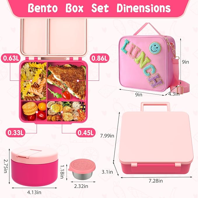 Kids Bento Lunch Box with 8oz Soup Thermo, Kids Leakproof Lunch Food Containers with 4 Compartment,Insulated Hot Food Jar with Lunch Bag for School, Travel (Pink)