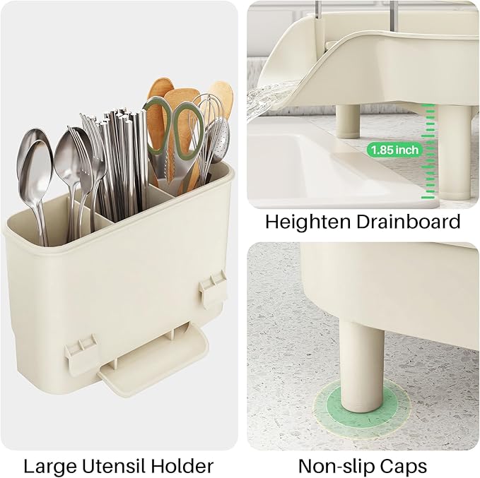 SAYZH Dish Drying Rack - Expandable Dish Rack for Kitchen Counter, Rust-Resistant Dish Drainer with Utensil Holder and Raised Guardrail, Kitchen Organizer for Cup and Bottle (Beige)