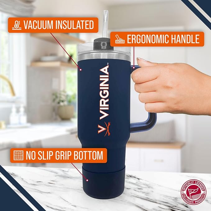 Campus Colors College & University 40 oz Travel Tumbler With Handle - Dual Option Lid With Straw - Vacuum Insulated Stainless Steel (Virginia Cavaliers - Navy)