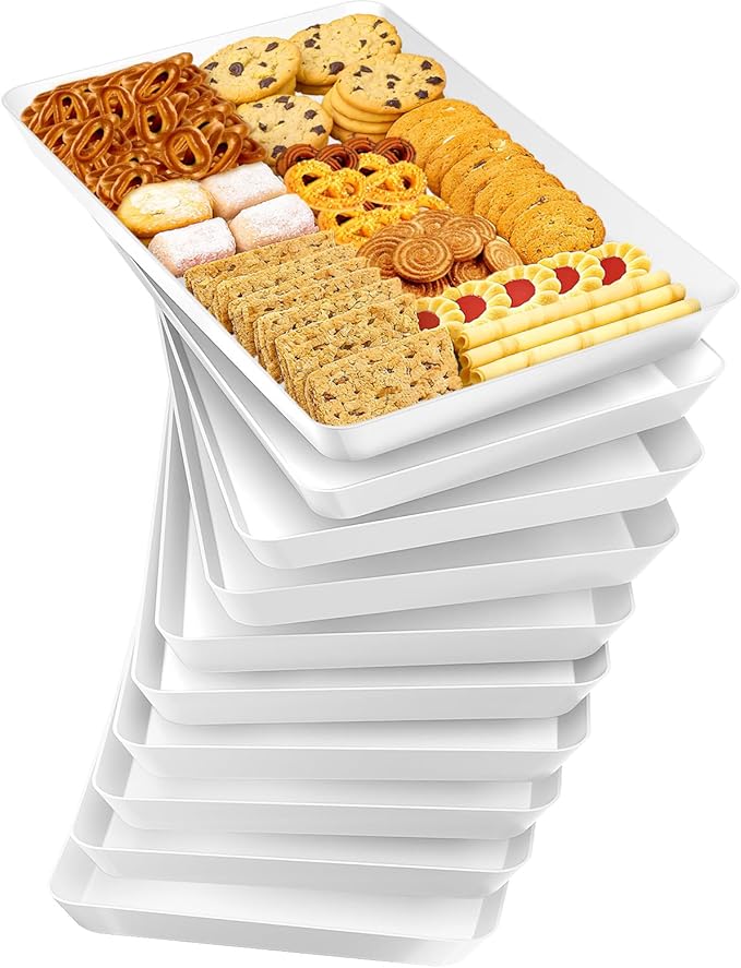 SpaceTrove 10-Pack Serving Tray Set, Reusable Plastic Serving Platter for Party Supplies, Entertaining, Grilling Accessories, Stackable Kitchen Snack Box Container for Dessert, Fruit, Cookie, (White)