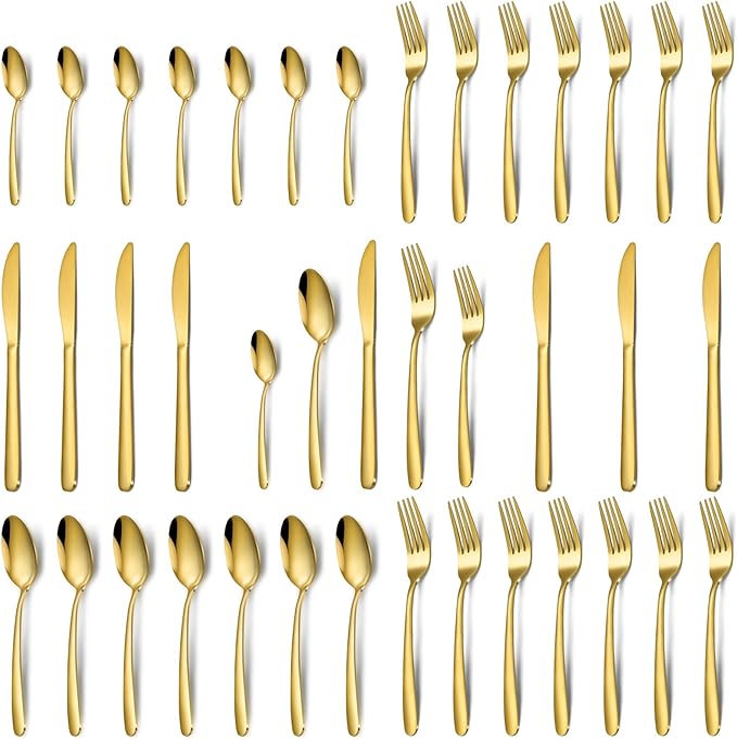 Hunnycook Gold Silverware Set - 40PCS Stainless Steel Silverware Set for 8, Includes Forks Spoons and Knives, Utensil Sets for Home Kitchen Restaurant, Dishwasher Safe