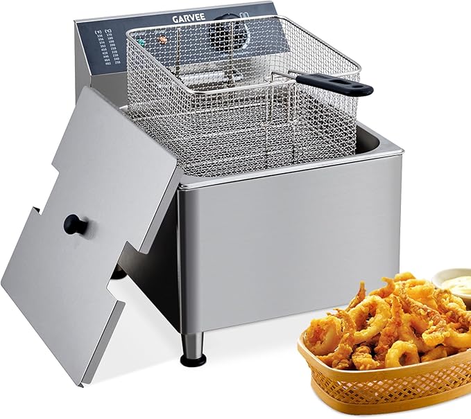 GarveeHome Commercial 11 L/3.3 gal Deep Fryer 1700W,201 Stainless Steel Electric Fryer with Adjustable Thermostat, Extra-Thick 6 LB Basket & Splash Guard Lid for Restaurant, Food Truck, Home Kitchen