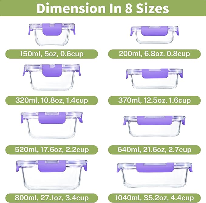 HOMBERKING 8 Pack Glass Food Storage Containers with Lids, Meal Prep Containers, Airtight Bento Boxes with Leak Proof Locking for Microwave, Oven, Freezer and Dishwasher, BPA Free, 5-35oz, purple