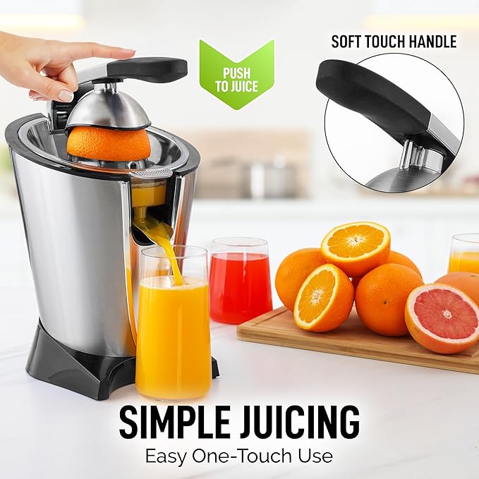Zulay Electric Citrus Juicer - Makes Fresh Orange, Lemon, Grapefruit, Lime Juice - Stainless Steel, 160W Powerful & Quiet, Interchangeable Cones -Filters Out Seeds & Pulp- Dishwasher Safe Parts- Black