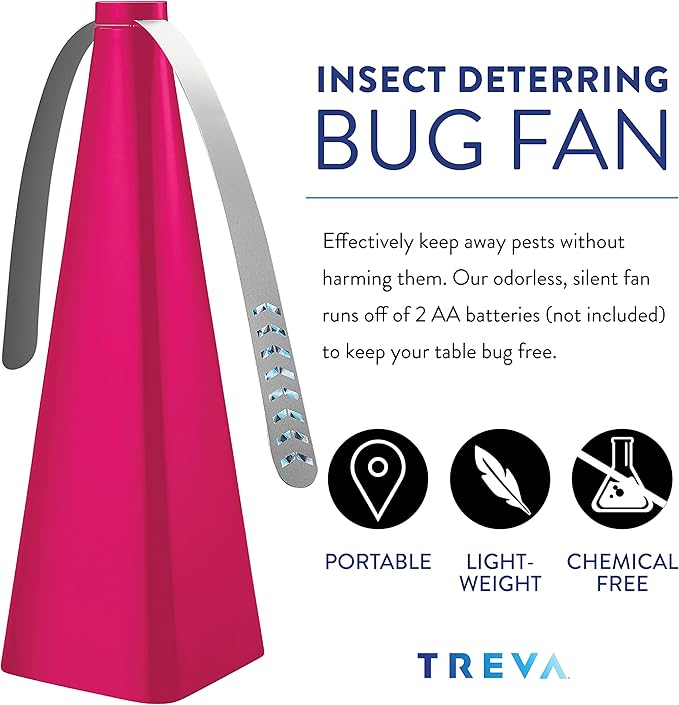 Treva Chemical Free Bug Fan, Fly Deterrent with Holographic Blades to Clear Bugs, Mosquitoes, and Flies, Battery Powered Fly Fan, Raspberry (2 Pack)