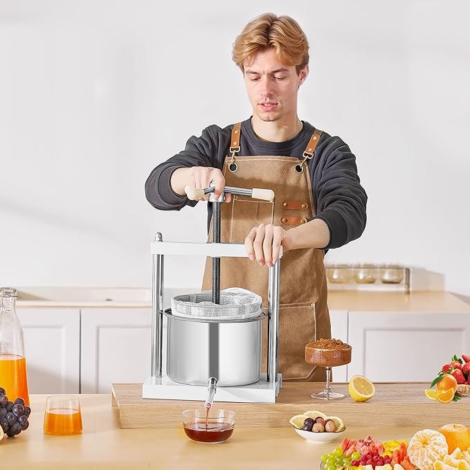 VEVOR 1.45 Gal/5L Fruit Wine Press, 2 Stainless Steel Barrels, Manual Juice Maker, Cider Apple Grape Tincture Honey Olive Oil Making Press with Triangular Handle for Outdoor Kitchen Home